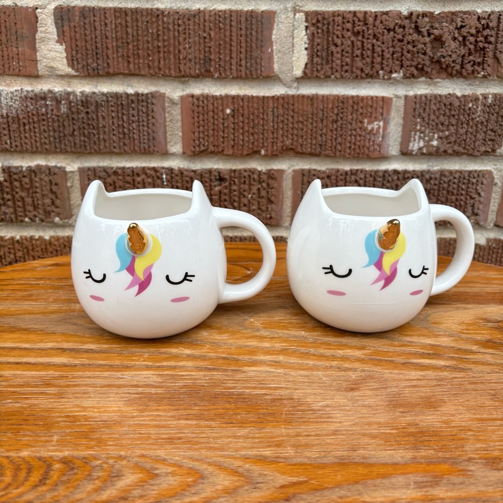 Orly Maison Unicorn Playful Mugs Cup Ceramic Porcelain White Gold Horn Set of 2
